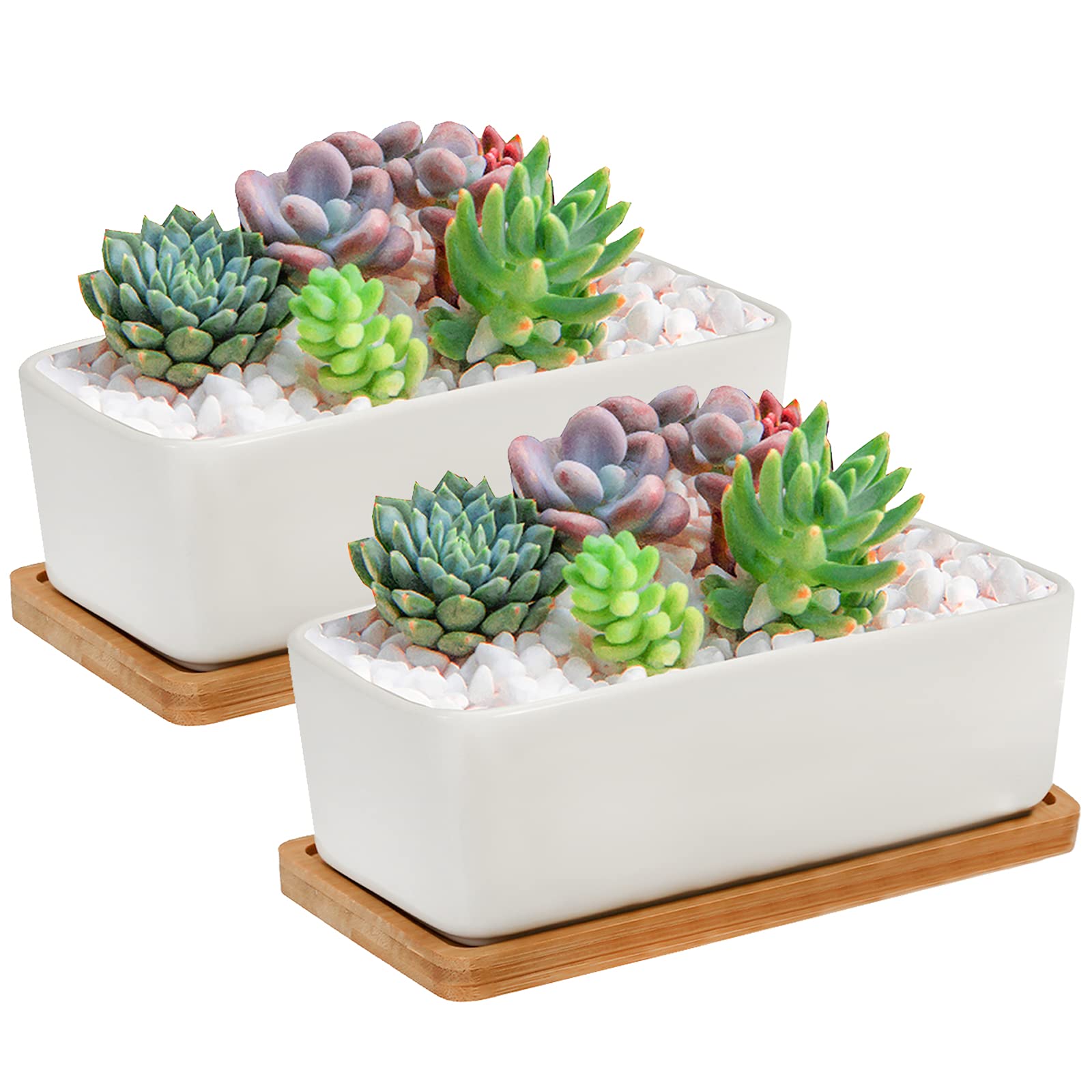 Jucoan 2 Pack 16.5 cm Rectangle White Ceramic Succulent Planter Pot, Modern Minimalist Porcelain Flower Cactus Pot, Plant Window Boxes with BambooTray and Drainge Hole for Home Office Decor