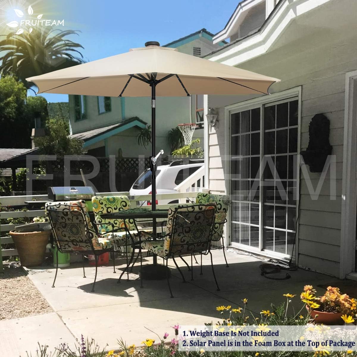 Amazon Com Fruiteam Solar Patio Umbrella Outdoor Led Umbrella 7 1 2 Ft Table Umbrella With Lights Heavy Duty Patio Umbrella With Sturdy Ribs Crank Easy Tilt Adjustment Khaki Garden Outdoor