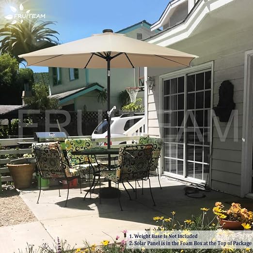 Amazon Com Fruiteam Solar Patio Umbrella Outdoor Led Umbrella 7 1 2 Ft Table Umbrella With Lights Heavy Duty Patio Umbrella With Sturdy Ribs Crank Easy Tilt Adjustment Khaki Garden Outdoor