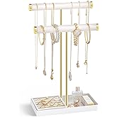 Lolalet 2-Tier Necklace Holder Display, Velvet Wrapped Bracelet Stand with Removable Ring Tray, Tall Jewelry Organizer for Bangles Watches Earrings, Galentines Valentines Gifts for Girls Women -White