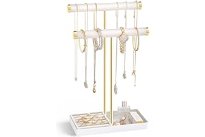 Lolalet 2-Tier Necklace Holder Display, Velvet Wrapped Bracelet Stand with Removable Ring Tray, Jewelry Organizer Rack for Bangles Watches Scrunchies Earrings, Gift for Girls Women -White