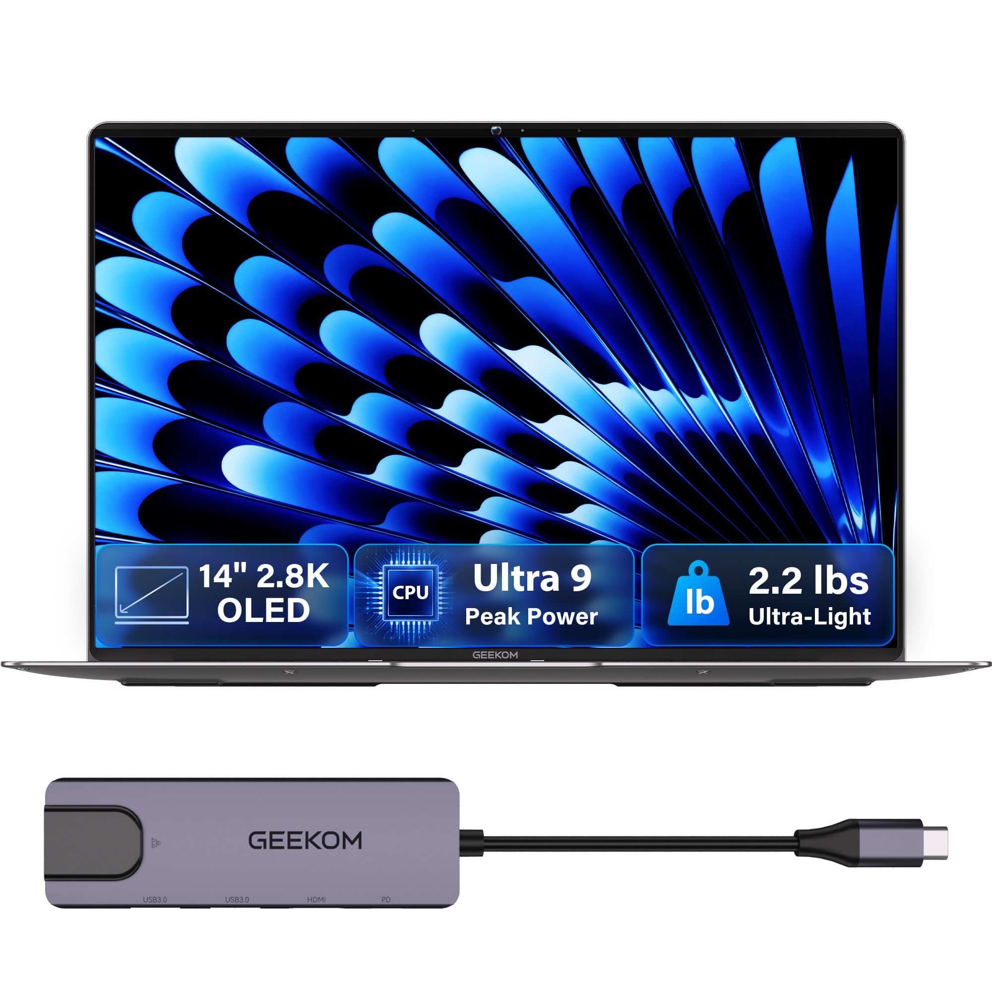Computadora portátil GEEKOM GeekBook X14 Pro, computadora portátil OLED ultradelgada de 2.2 lbs de 14 y 2.8K