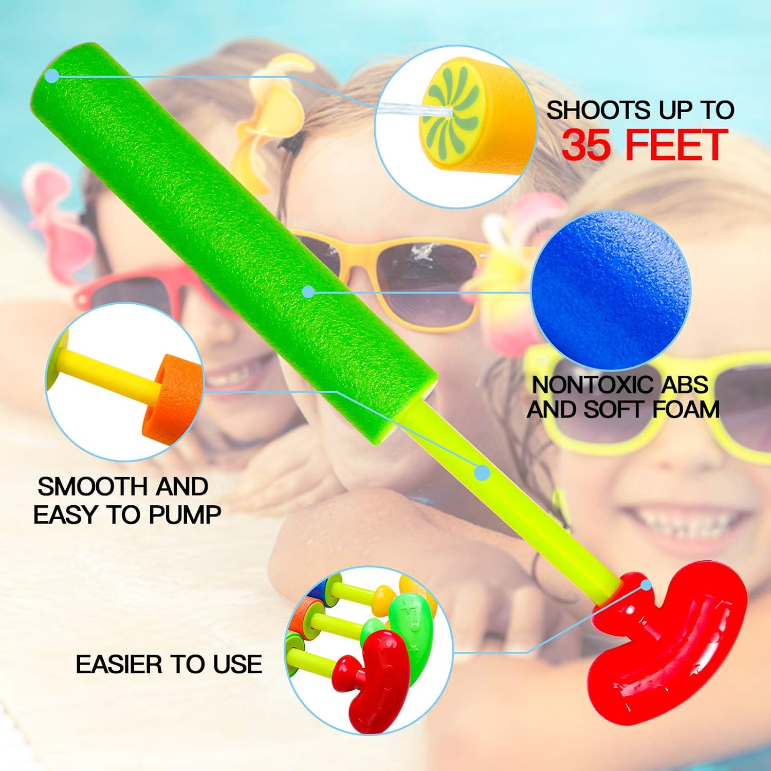 Kidcia Water Gun, 9 PCS Pool Toys,Water Cannon for Kids with arc Handle, 35FT Long Shooting Range Length Squirt Gun for Adults&Kids&Boys&Girls, Blaster Foam Shooter Set Pool Toys in Pool Summer Beach: Toys & Games