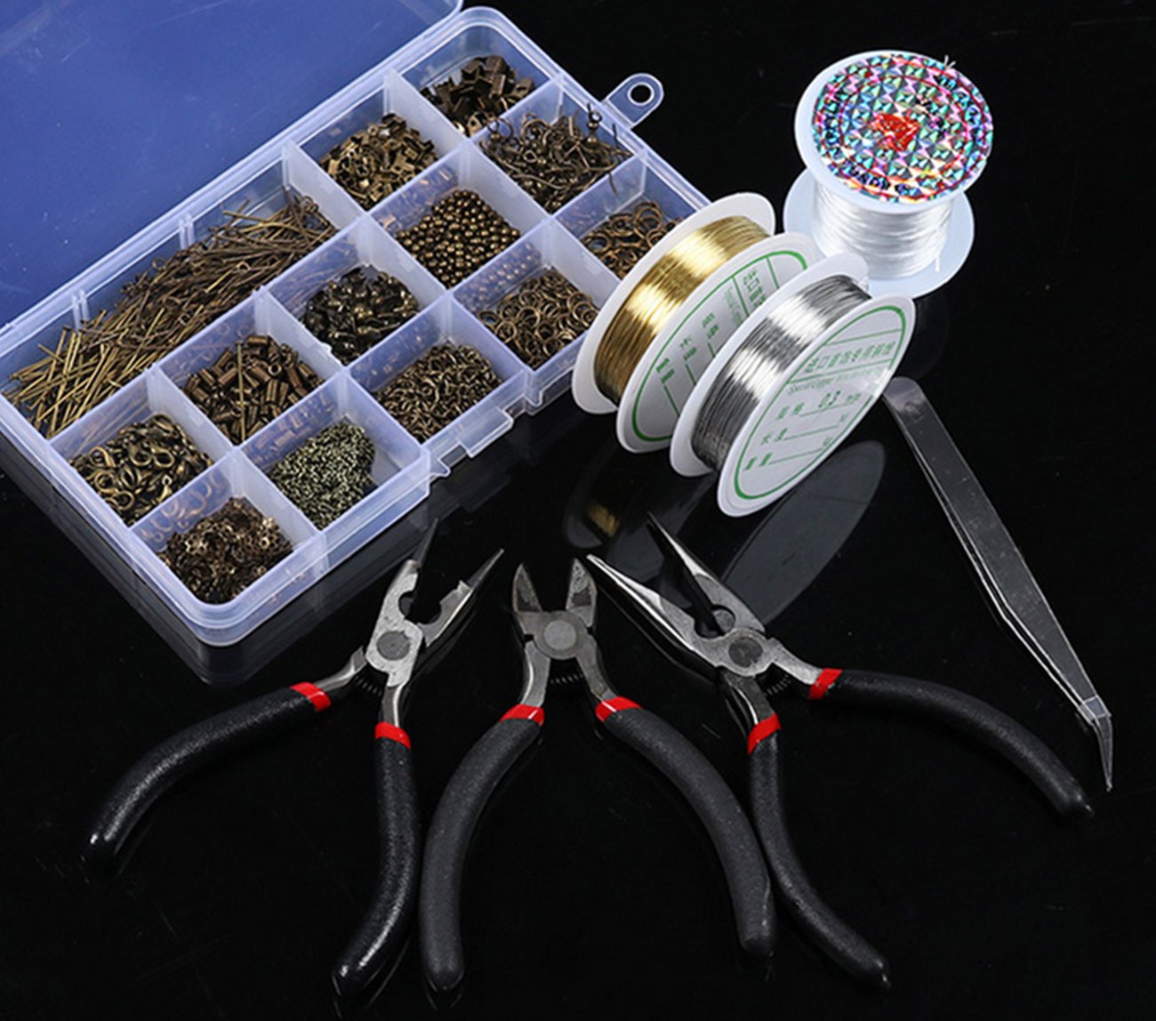 920 tlg Jeteven DIY Schmuck Basteln mit Zangen Set Schmuckherstellung, Schmuck Zubehör Werkzeug, Schmuckdraht Kette ohrringe spaltringe verschluss für Ohrring Armband Halsketten Anfänger bronze