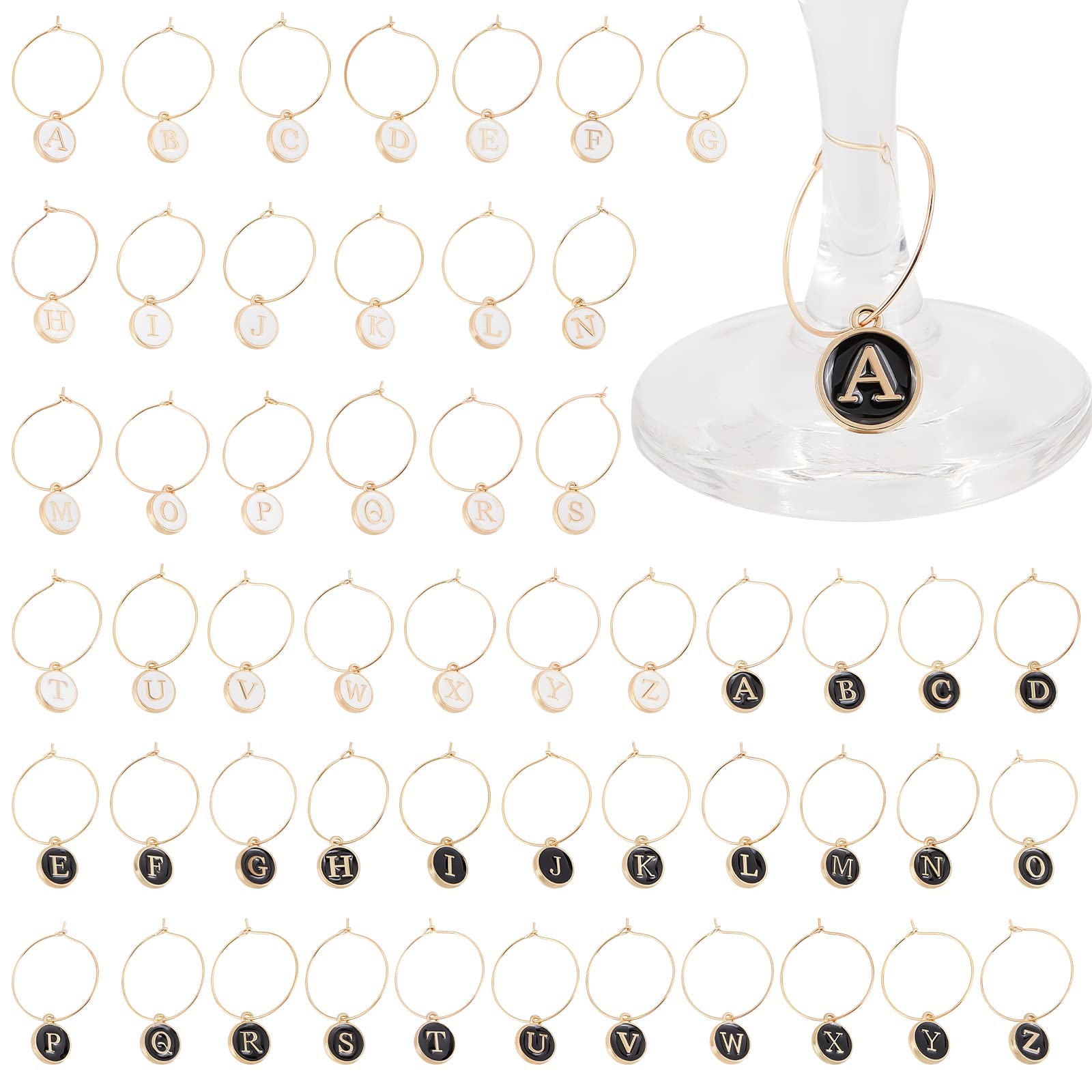 WEBEEDY 52 Pcs Wine Glass Charms with Rings Tags 2 Styles Metal Letters Glass Charm Markers for Stem Glasses Drink Charm Markers for Tasting Party Favor Wine Cocktail Champagne Party (Black&White)