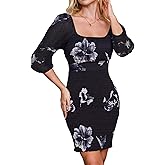 ABMOIU Women's Square Neck Dress Lantern Sleeve Tie Back Off Shoulder Party Club Bodycon Mini Dresses