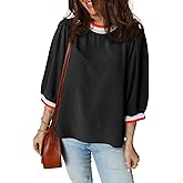 SHEWIN Women's Casual Crewneck Color Block Chiffon Blouses 3/4 Sleeve Length Womens Tops Shirts
