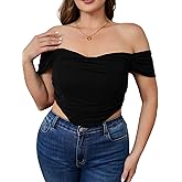 MakeMeChic Women's Plus Size Off Shoulder Mesh Corset Bustier Tops Ruched Tank Zipper Slim Fitted Sexy Crop Top