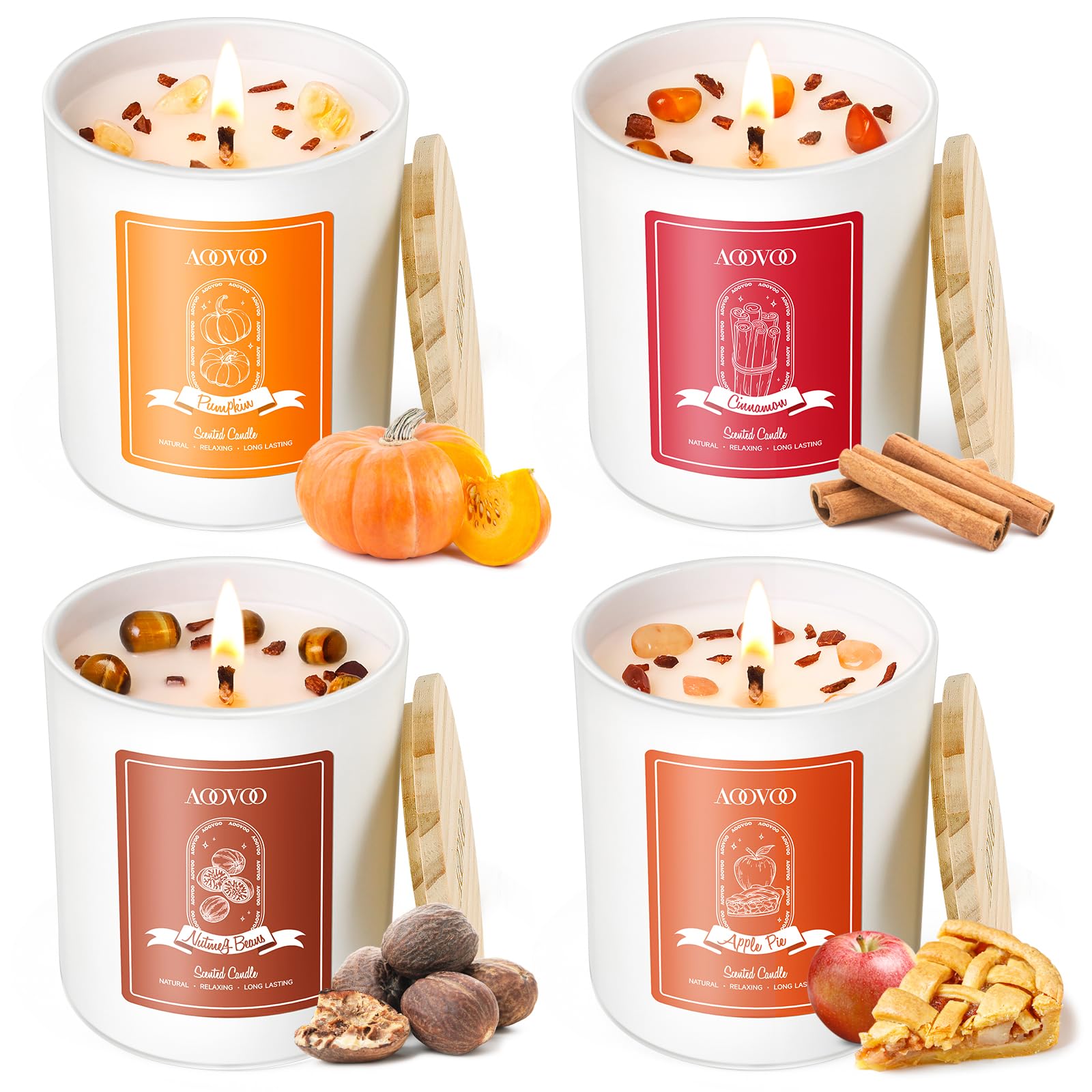 Photo 1 of AOOVOO Fall Candles Set for Women - 4 Pack Candles for Home Scented, Aromatherapy Candle with Crystals Inside, 28 oz 200 Hour Long Lasting, Autumn Fragrance of Apple Pie/Cinnamon/Pumpkin/Nutmeg Beans