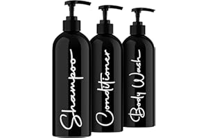ALORA HOME ESSENTIALS Alora Reusable Shampoo and Conditioner Bottles - Set of 3 - Matte Black - Permanent Stylish Labels - 16oz Pump Bottle Dispenser for Shampoo, Conditioner, Body Wash - Plastic Refillable Containers…