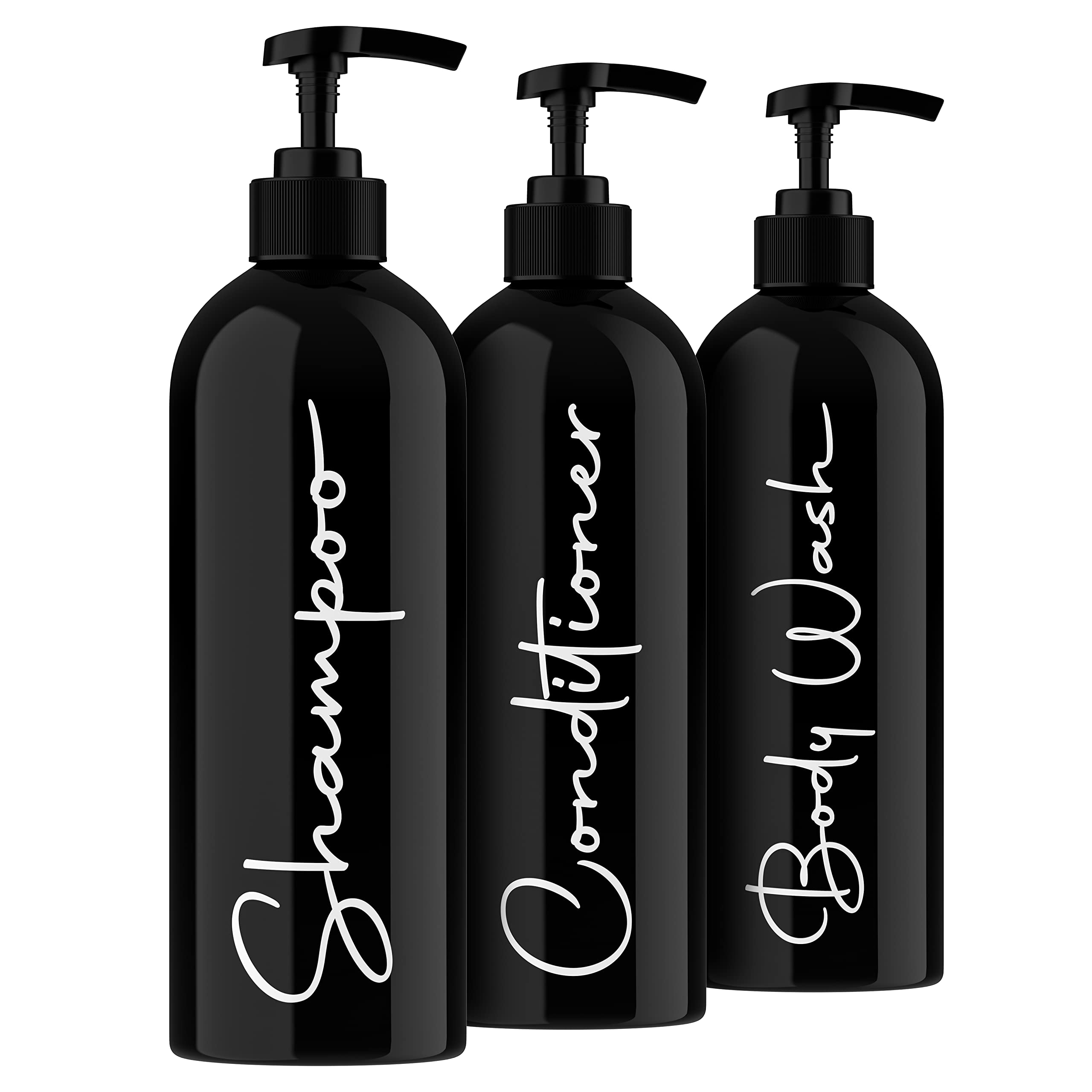 Alora Home Essentials Reusable Shampoo and Conditioner Bottles - Set of 3 Matte Black Permanent Stylish Labels 16oz Pump Bottle Dispenser, Body Wash Plastic Refillable (MBBW16)