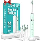 COSLUS Sonic Electric Toothbrush for Kids & Adults C40(DY-108Pro): 47000 VPM for Deep Cleaning with Travel Case - 5 Modes for Sensitive Teeth & Braces, Wireless Charging, 6 Brush Heads, Green (1PC)