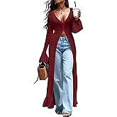 KWSTAIN Cardigan Sweaters for Women Trendy Lightweight Crochet Long Duster Button Up Bell Long Sleeve Ruffle Knit Maxi Dress