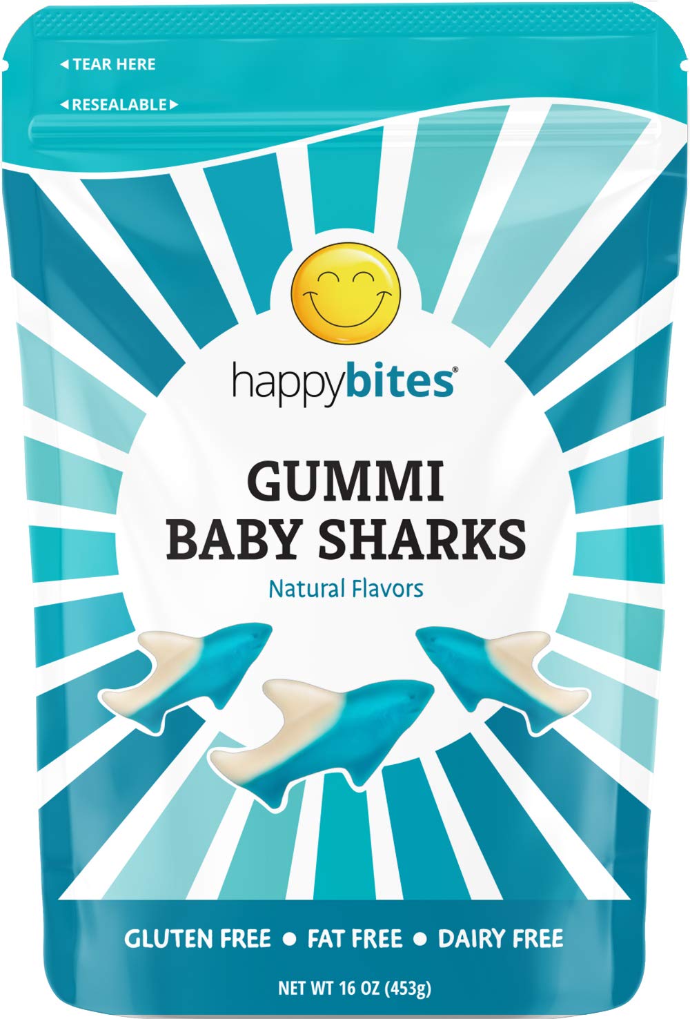 Happy Bites Gummi Baby Sharks - Blue Raspberry, Cherry, & Lemon Lime - Gluten Free, Fat Free, Dairy Free - Resealable Pouch (1 Pound)