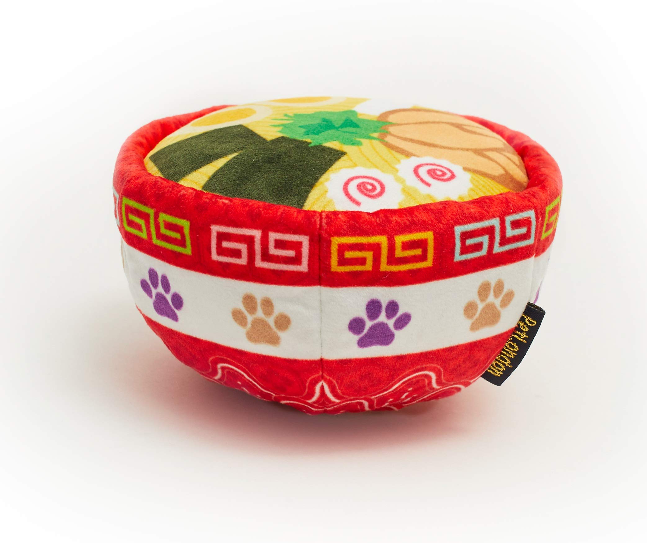 Pet London Ramen Noodle Bowl Soft Plush Dog Toy - Red Realistic Wobble Unusual Shape Dog Toy with Noodle Soup Graphics - Interactive Training Plush