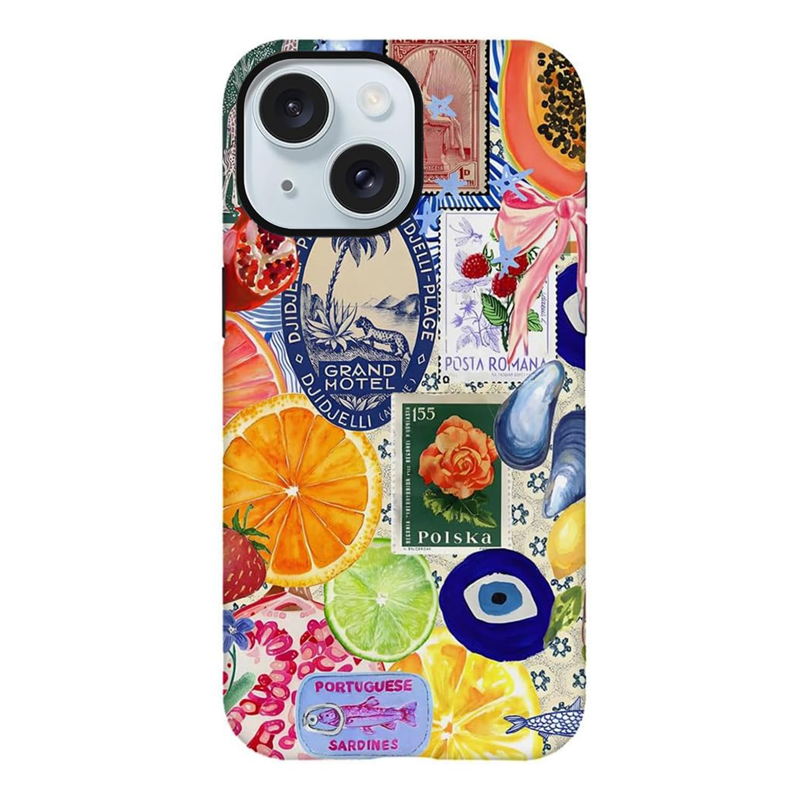 SobLn for iPhone 15 Case, Summer Beach Ocean Vintage Fruit Collage Design Cover, Cute Seashell Aesthetic Hybrid 2-Layer Hard Shell Shockproof Phone Case for Girls Women 6.1"