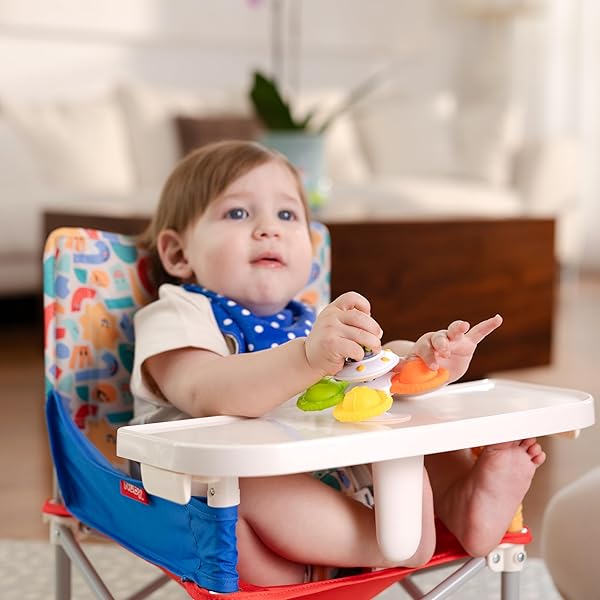 NUBY POP-UP BOOSTER SEAT WITH REMOVABLE TRAY – 6+ MONTHS – PORTABLE BOOSTER SEAT FOR FLOOR FOR INDOOR/OUTDOOR USE – 3-POINT SAFETY ADJUSTABLE STRAPS – SUMMER TRAVEL ESSENTIALS – STRIPES