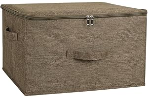 ANMINY Storage Bins with Zipper Lid Storage Boxes with Handles PP Plastic Board Foldable Lidded Cotton Linen Fabric Home Cubes Baskets Closet Clothes Organizer Containers - Coffee, Large Size