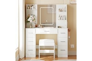 43.3‘’ Vanity Desk with Mirror, Stool, Touch LED Light and Power Outlet Makeup Vanity Table with 7 Drawers and 6 Storage Shel