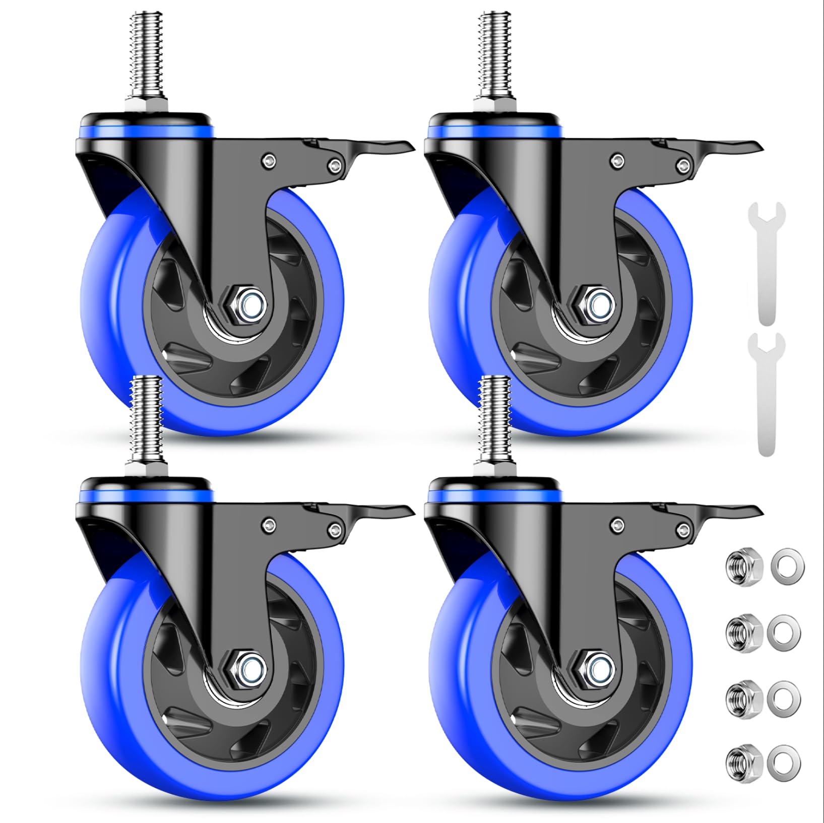 Photo 1 of 3 Inch Caster Wheels Heavy Duty Stem Caster 1600Lbs, Threaded Stem Casters 3/8"-16 x 1(Stem Diameter 3/8", Stem Length 1"), Safety Locking Caster Set of 4, Industrial Castor Wheels for Cart,Furniture