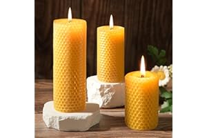 GINITIRI Pure Beeswax Pillar Candles,3 Pack Hand-Rolled Natural Beeswax Candles(1.77x3in,2x4in,2x6in) 60 Hours Burning Unscented Bees Wax Candle for Home,Smokeless&Dripless Pillar Candle for Meditation,Wedding