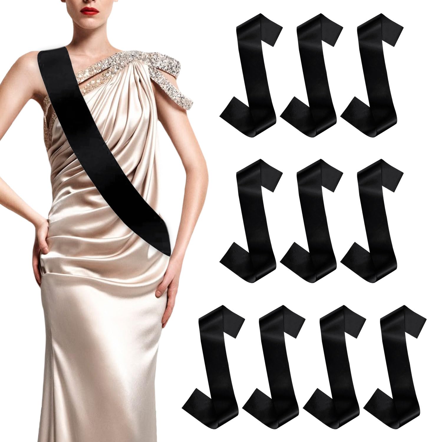 SYEYCW 10 Pcs Blank Sashes, Plain Satin Team Bride Sashes, Party DIY Accessory, for Wedding, Pageant, Homecoming, Graduation Ceremony, Hen Night Party, Birthday Decorations (Black)
