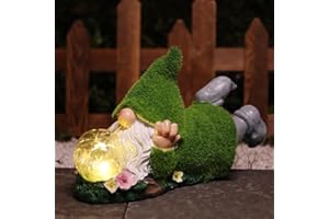 Ovewios Garden Gnome Statue with Solar Crackle Glass Globe Lights, Resin Gnomes Statue, Patio Yard Lawn Porch Outdoor Garden Decor Christmas Housewarming Gift