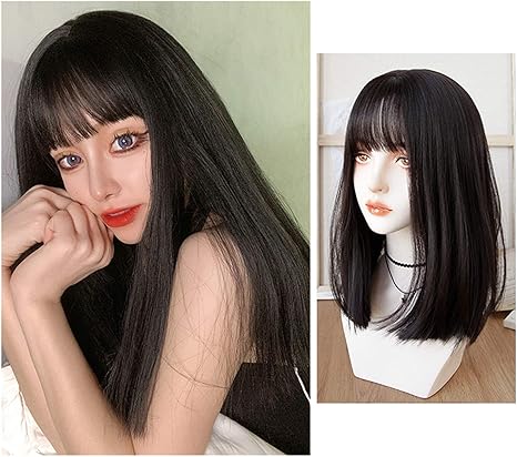 Amazon Co Jp ウイッグ かつら 女性 42cm 前髪付きブラックロングストレートコミックウィッグフルヘッドギアブラックブラウンミディアム ロングヘアナチュラルヘアスタイル ホーム キッチン
