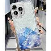 Mephoro Glitter Liquid Case for iPhone 13 & iPhone 14, Bling Glitter Liquid Clear Case Floating Quicksand Shockproof Protective Sparkle, Fashion Luxury for Women and Girls, Blue