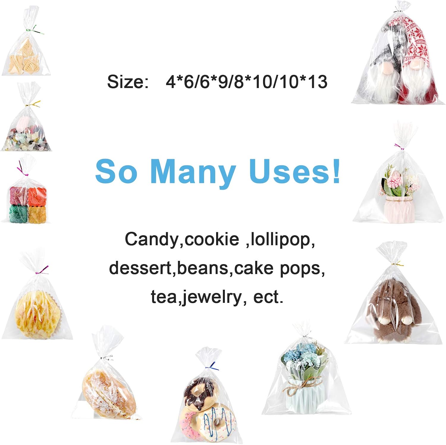 4 Sizes 200 Pieces Clear Plastic Cellophane Bags Cello Treat Bags with Mix Colors Twist Ties for Christmas Birthday Holiday Party Favor Wrappers() - Image 5