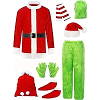 Alaiyaky Christmas Green Big Monster Costume for Men, 11PCS Furry Santa Claus Costume Suit with Mask