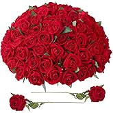 Ovveroche 90 Pcs Red Velvet Rose Artificial Flowers, 51cm Silk Wedding Fake Silk Roses Florals for Centerpieces DIY Bouquet Party Arrangement Bridal Home Decor