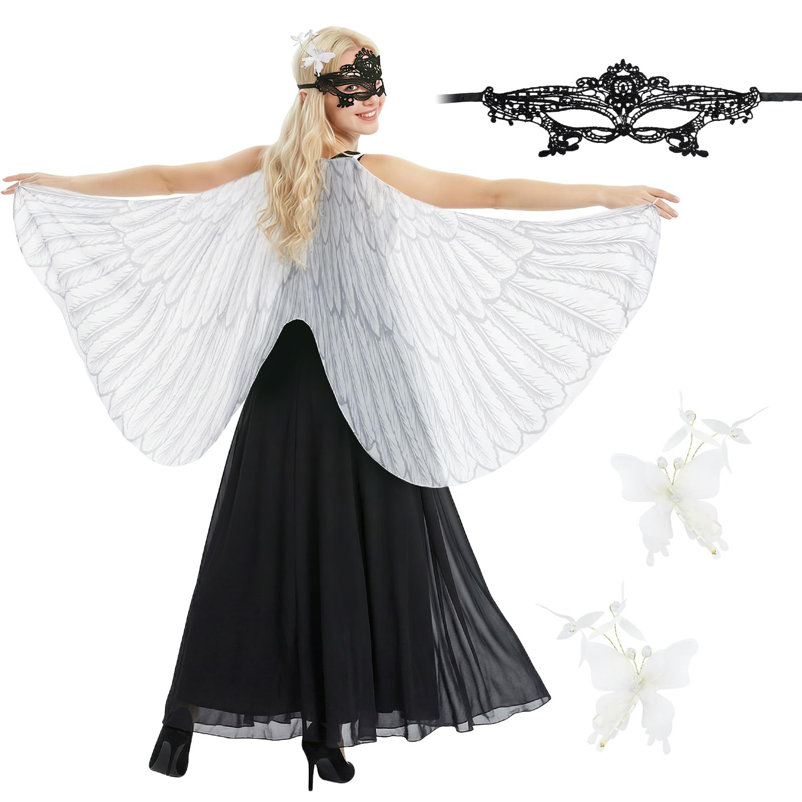 UxClishe Butterfly Wings Cape Set for Adult, Fairy Costume with Butterfly Wings Shawl Mask Sheer Butterfly Hair Clips for World Book Day Halloween Christmas Party Cosplay Fancy Dress Accessory