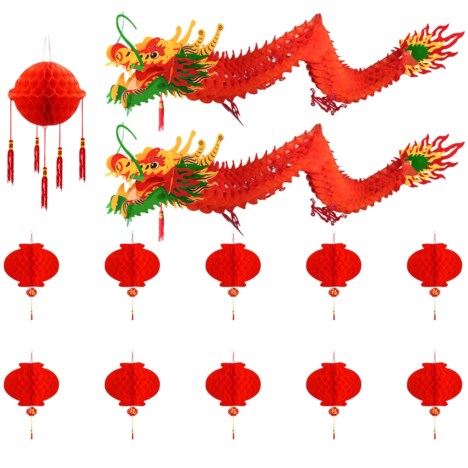 IRmm 3D Chinese New Year Dragon, 13 PCS Chinese Paper Dragon with Ball and Red Lanterns for Chinese Spring Festival, Lantern Festival Decorations