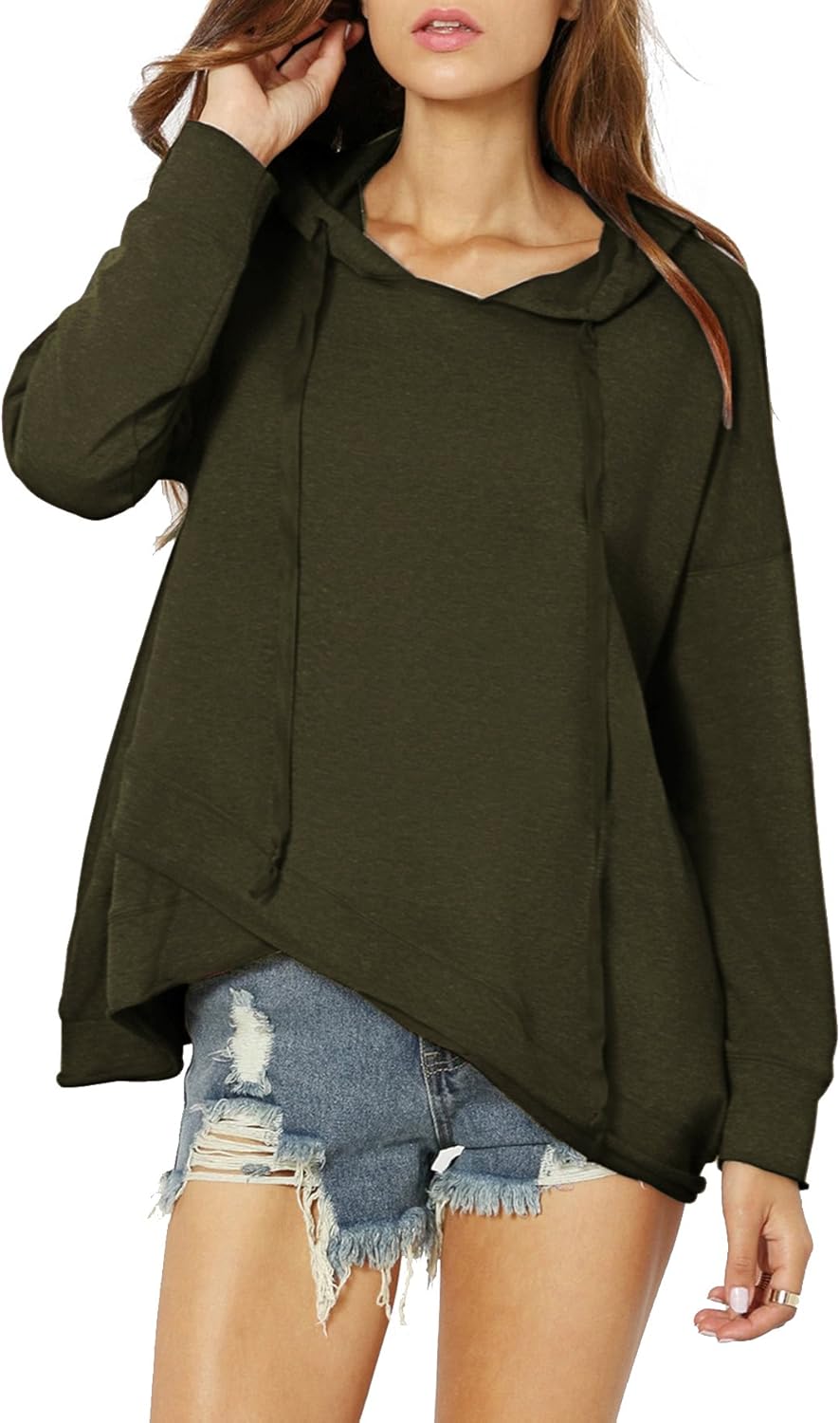 SheIn Sudadera con Capucha para Mujer, Manga Larga, Hombro Cruzado, Verde, XS