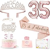 35th Birthday Decorations Gifts for Women, Including 35 year old Birthday Cake Topper, Queen Sash with Pearl Pin, Sweet Rhinestone Tiara Crown, Number Candles and Balloons Set, Rose Gold