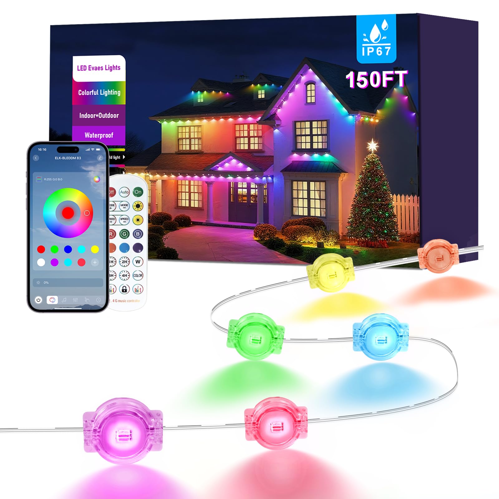 Photo 1 of 150FT Permanent Outdoor Lights for House, Smart Color Change LED Waterproof Christmas Lights Outdoor with APP Remote Control, Outside Eaves Lighting Decor for Holiday, Halloween, Roof, Party, Pool