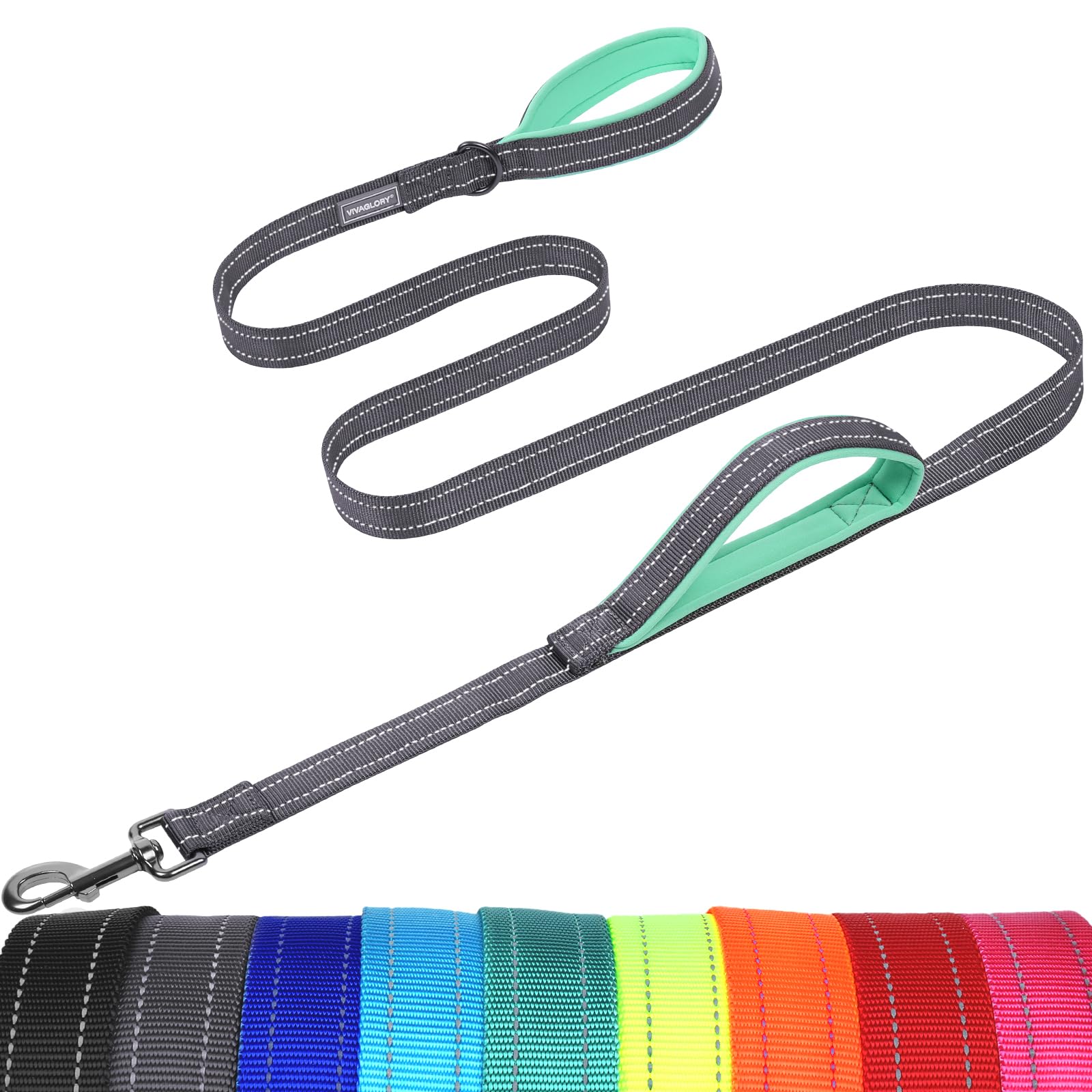 VIVAGLORY Dog Lead Twingrip Double Handle Dog Lead, Leash with Traffic Handle & 2 Loop for Walking & Training, Traffic Control Reflective Heavy Duty for Puppy Pet, 1.8m x 2.5cm, Grey