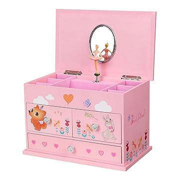 SONGMICS Ballerina Music Jewelry Box for Little Girls 3 Drawers, Cartoon Animals Pink UJMC004
