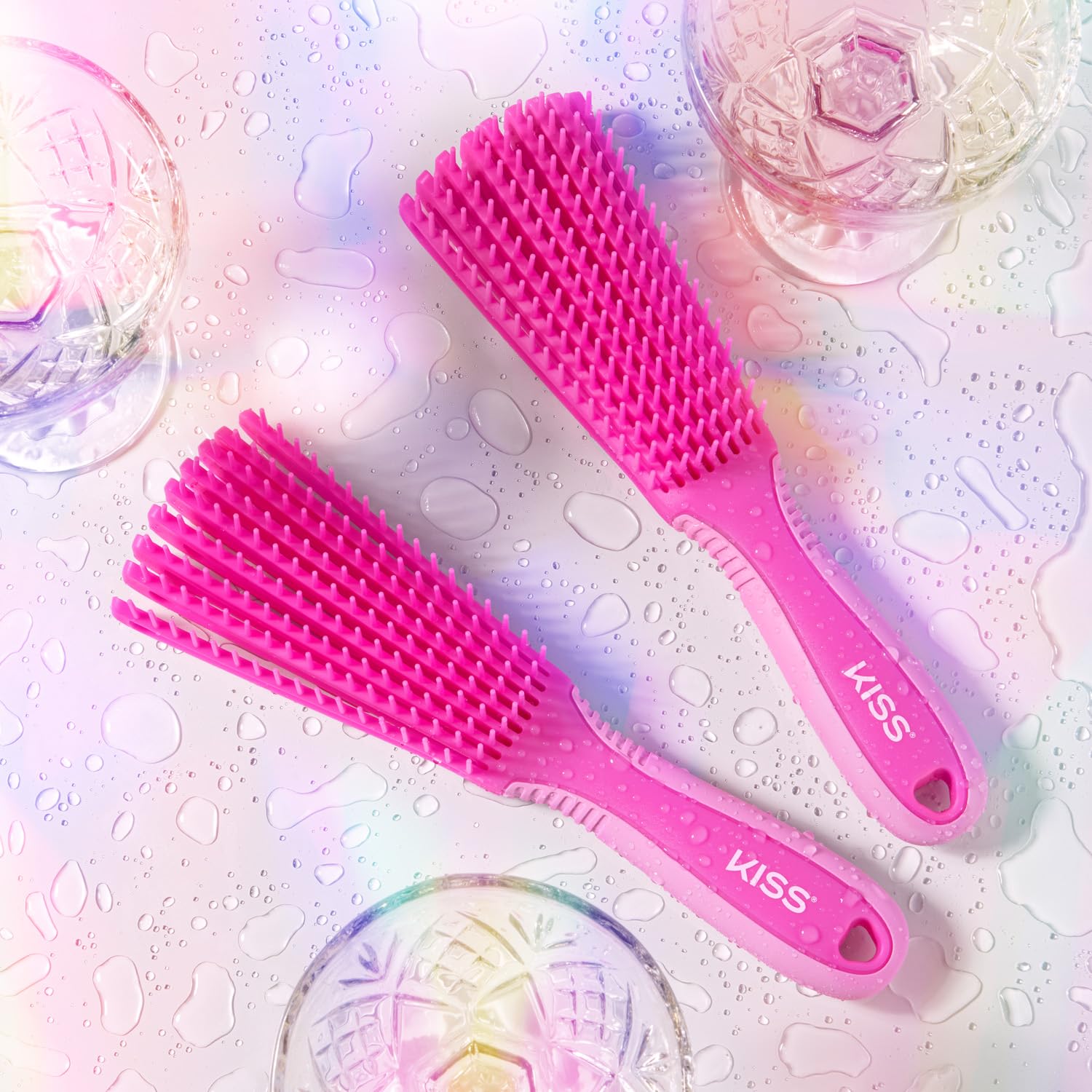 KISS Colors & Care Glide & Define Detangler 9-Row Non-Slip Brush, Large, Pink- For thick and curly hair, Tangle-No, Smooth, Sleek Results, Anti-Static, Sturdy & Non-Slip Grip, Multi Uses