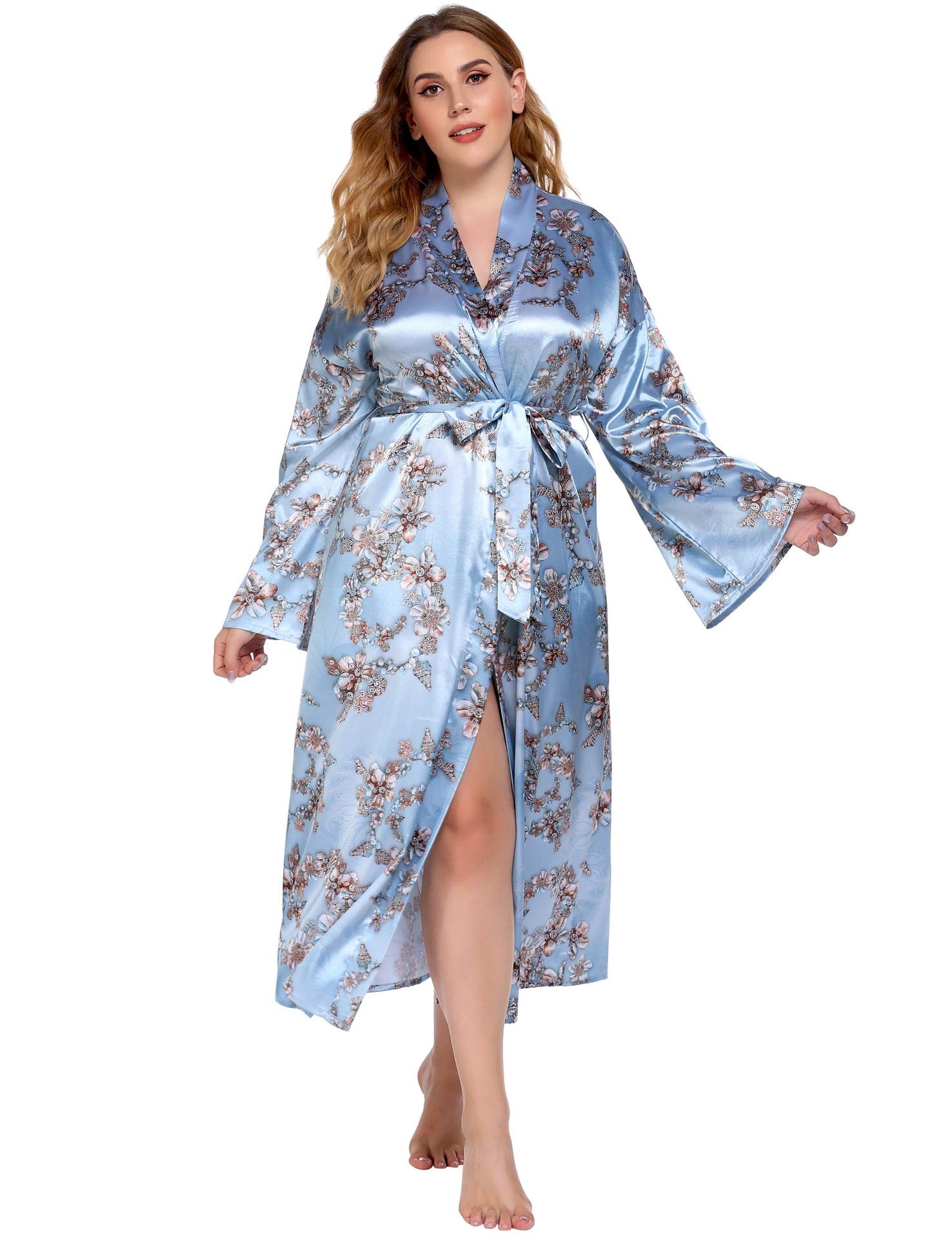 Women's Satin Kimono Long Robe Plus Size Wrap Floral Bathrobe Nightgown Soft Sleepwear for Women Wedding Girl's Bonding Party Pyjamas