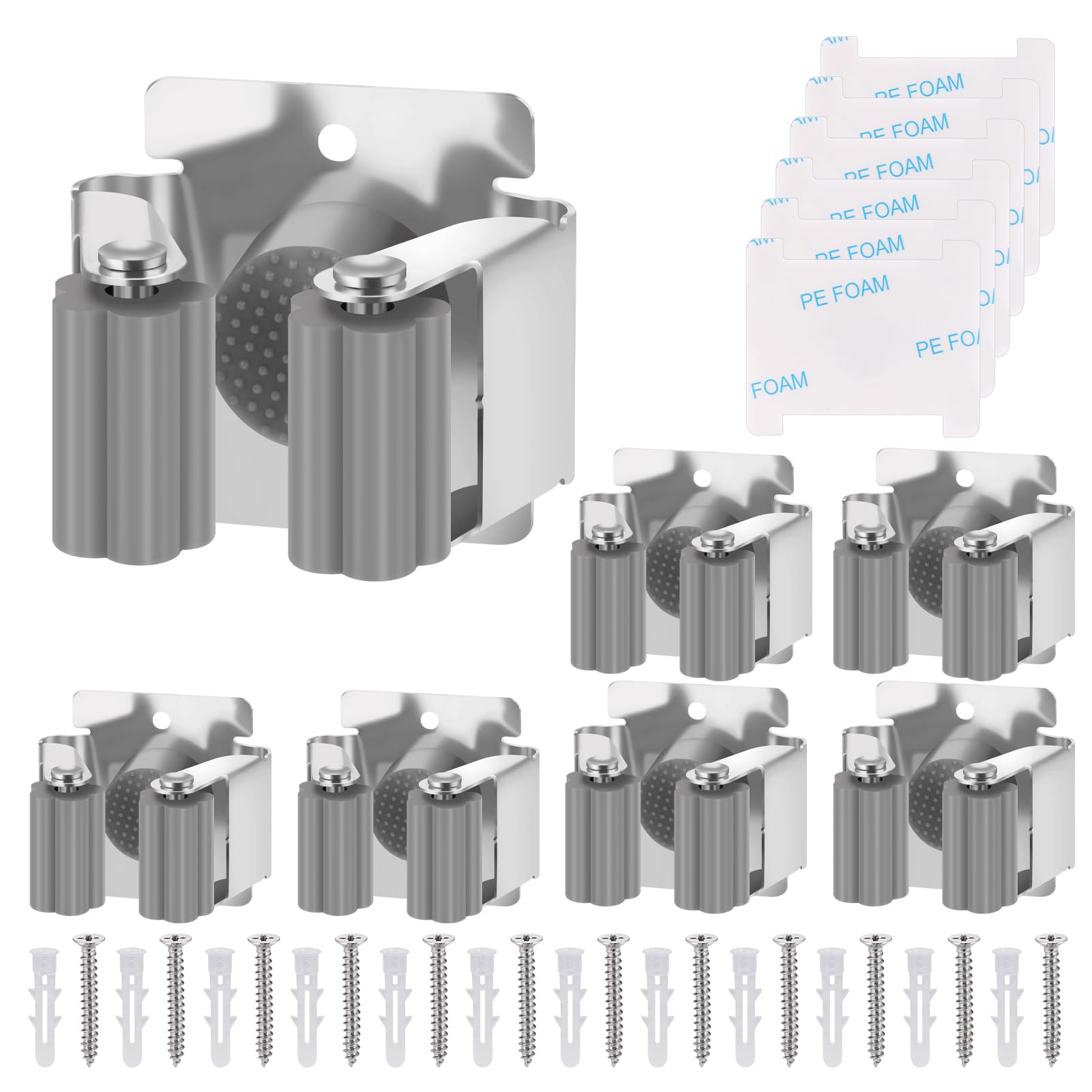 Hejo 6 Packs Broom Holder Wall Mounted, Heavy Duty Mop Holder Racks, Stainless Steel Broom Hooks Ideal for Bathroom, Kitchen, Garage, Garden Tool Organizer, Brush Mop and Broom Gripper (6 Racks Grey)