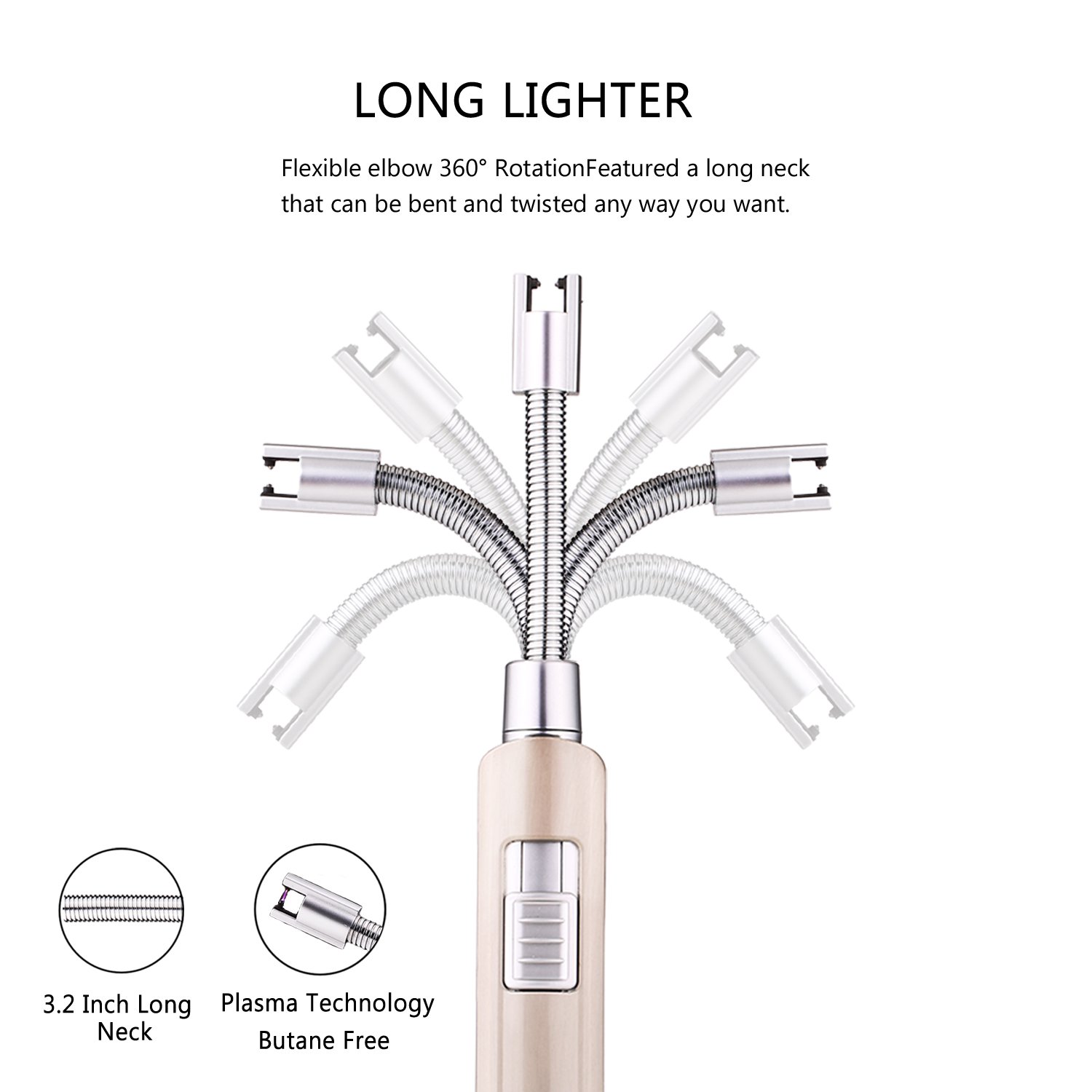 Cookan Electric Arc Lighter, USB Rechargeable No Spark Windproof Electronic Lighters for Candle BBQ, with Safety Switch, Long Neck 360° Flexible Rotation, Over 300 Times Spark per Charge (Metal Shell)