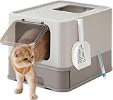 Feandrea Cat Litter Box with Lid Top Entry Slide-Out Tray Oatmeal Gray