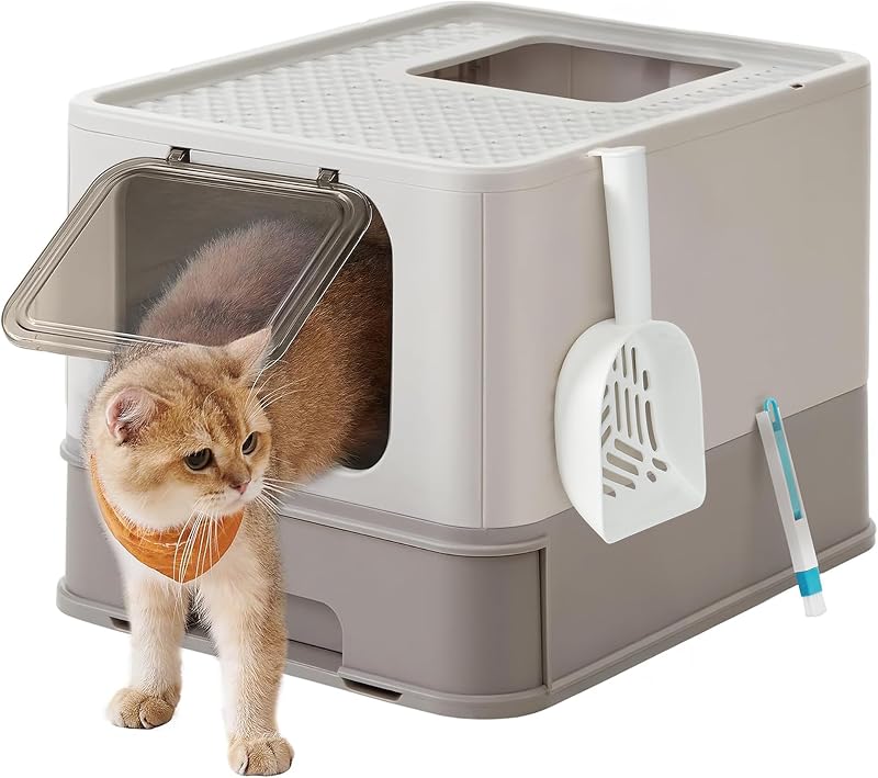 Feandrea Cat Litter Box with Lid Top Entry Slide-Out Tray Oatmeal Gray