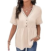 Dokotoo Womens Short Sleeve Babydoll Tops Lace Trim V Neck Cotton Tunic Shirts for Women 2026 Summer Ruffled Hem Blouses