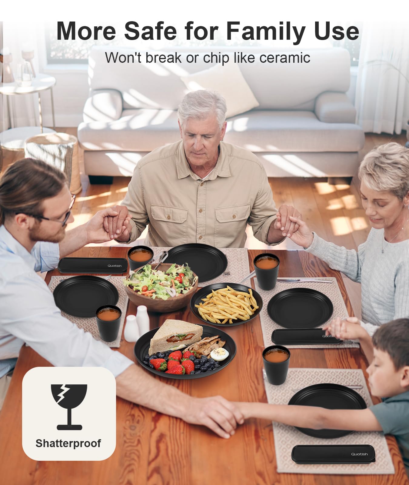 Quatish 24 Piece Plates and Bowls Sets for 6, Unbreakable Dinnerware Sets, Plastic Dish Set for Camping, Dishwasher Microwave Safe, Outdoor Kitchen and Apartment Dinning RV Essentials, Black