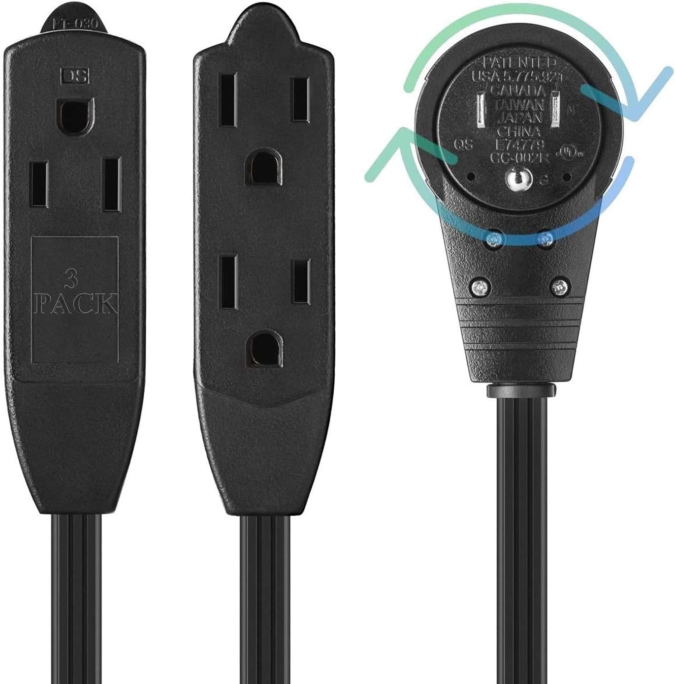 Maximm Cable 1 Ft 360° Rotating Flat Plug Extension Cord/Wire, 12 Inch