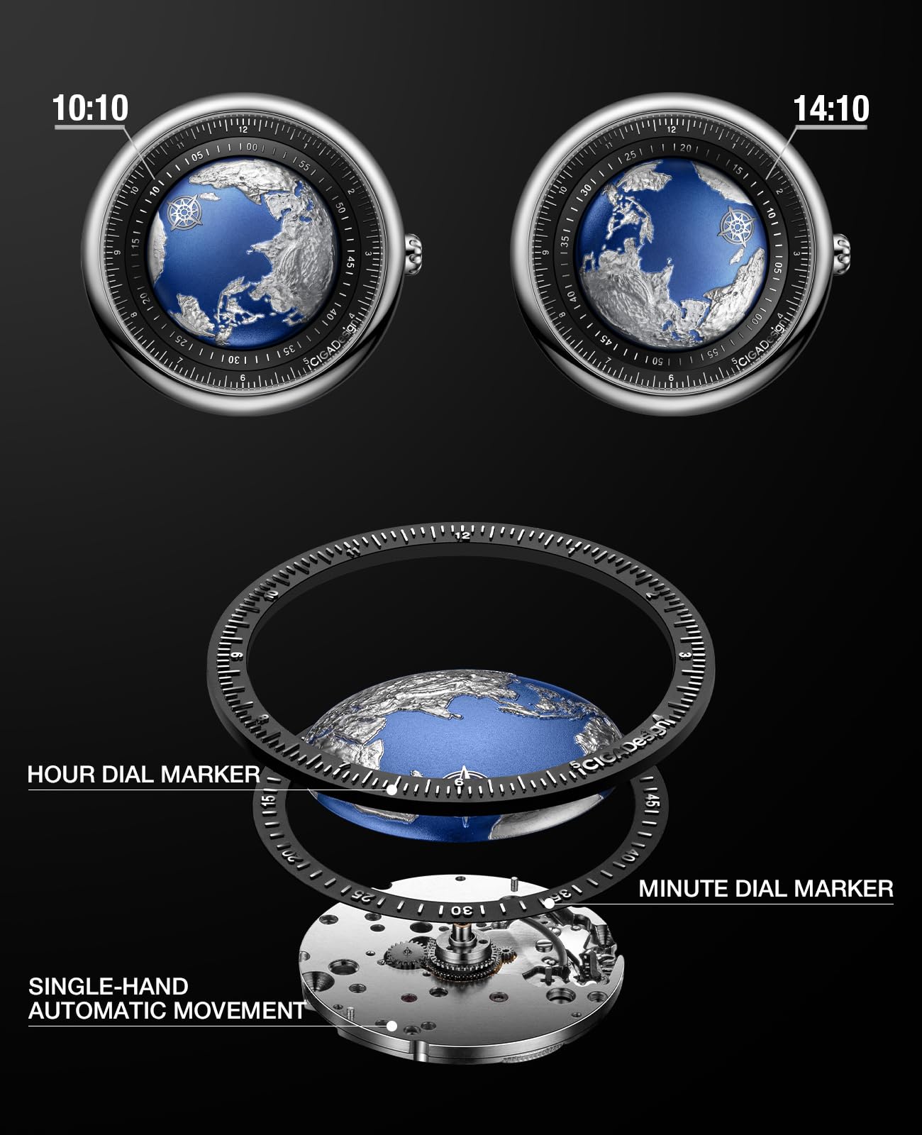 CIGA Design Mechanical Automatic Watch Blue Planet U Series Titanium Case Sapphire Crystal Fluororubber Strap Watches for Men and Women