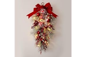 EKSEN Lighted Christmas Teardrop Swag with LED Lights, Red Ribbon Bow & Ornaments, Flocked Pine Branches with Berries, Front Door Holiday Decoration with Timer, Steady On & Flash Modes (Red)